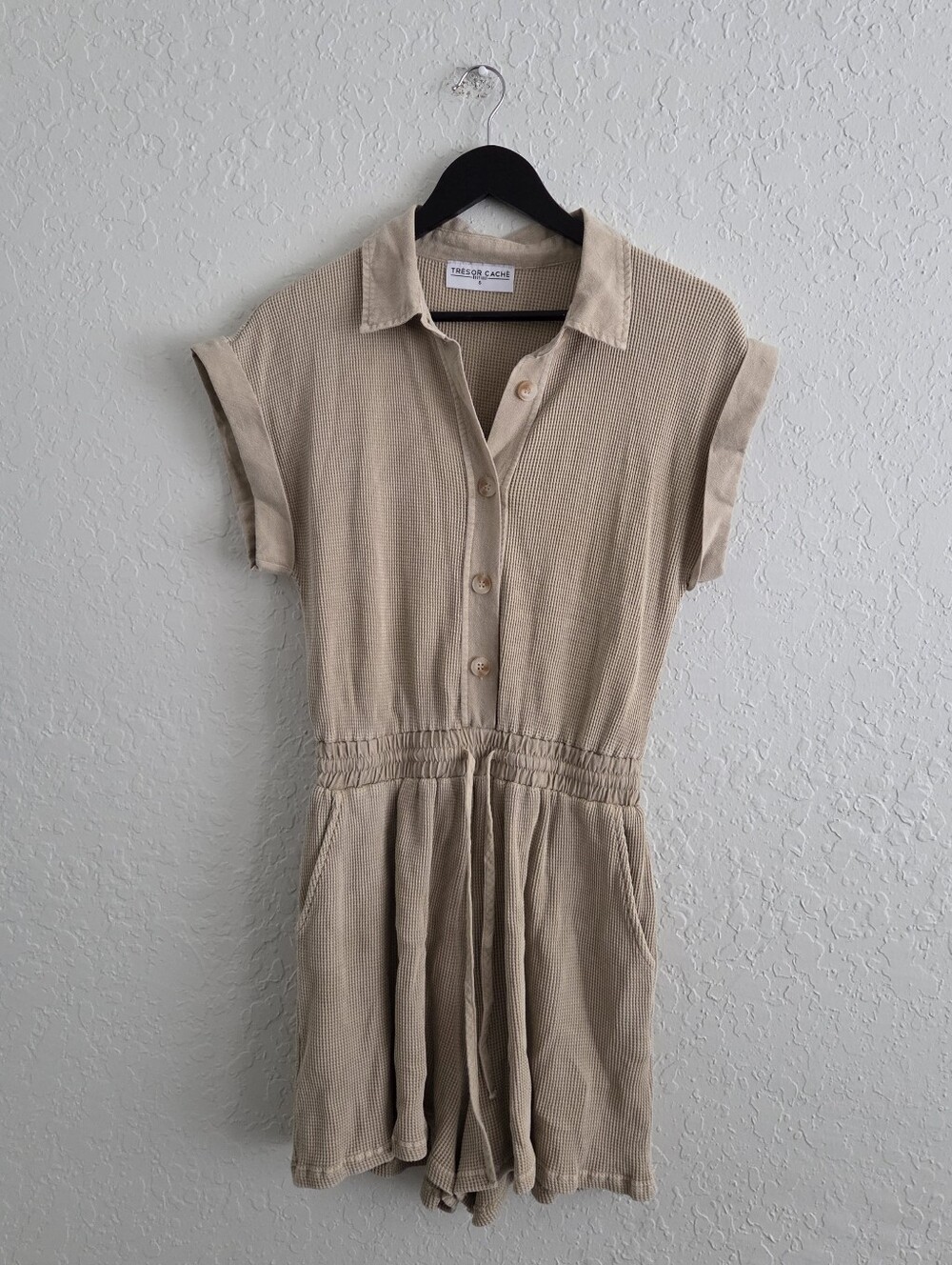 Tresor Cache Waffle Knit Cotton Tan Neutral Casual Romper Boho Nautical Beachy